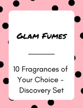 Product packaging for 'Glam Fumes' fragrance discovery set with a pink and black polka dot pattern.